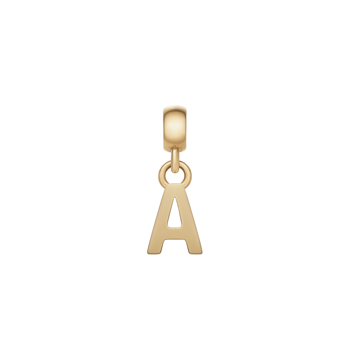 Gold letter A charm with a polished finish, featuring a petite, minimalist design and an adjustable clasp, ideal for personalising bracelets or necklaces.