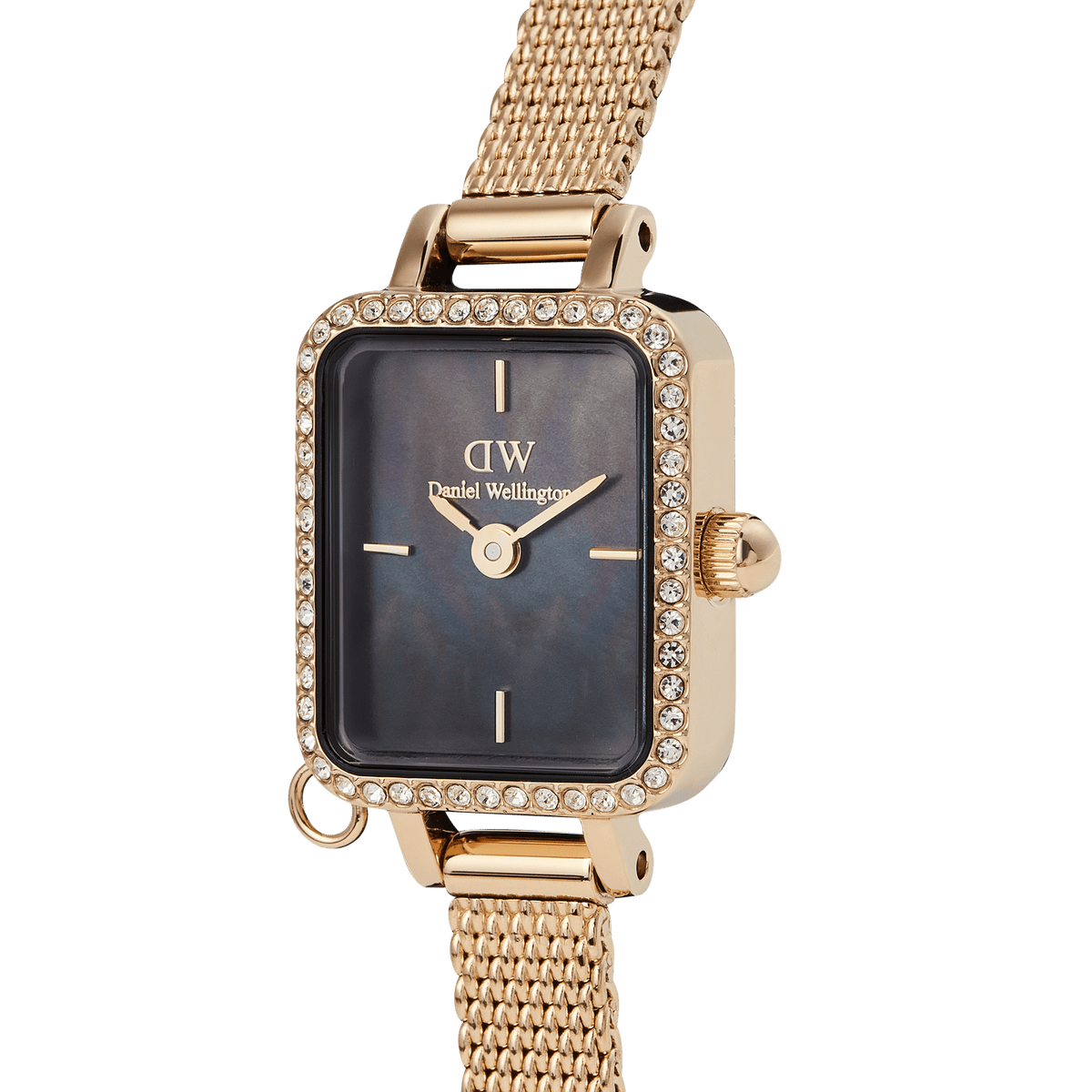 Close-up of Quadro Mini Crystal Zodiac Evergold watch with gold mesh strap, crystal-set bezel, and black mother of pearl dial.