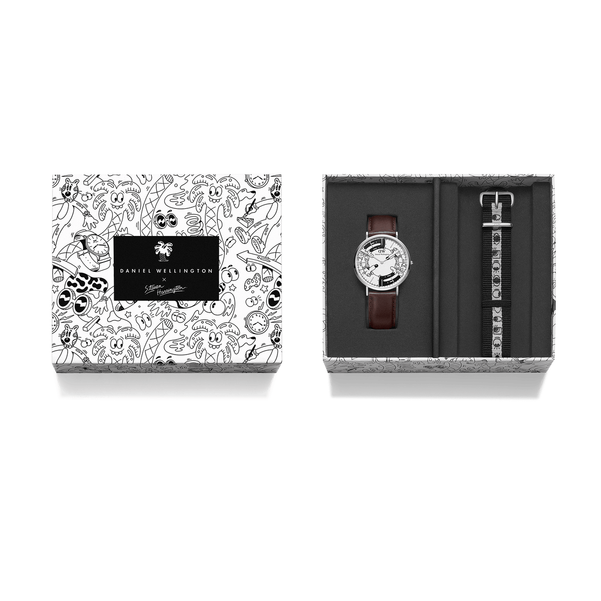 Steven Harrington x DW SET: Bristol BW dial & Strap Silver presented in a limited edition illustrated gift box, featuring a Daniel Wellington watch with a brown leather strap and an additional black and white NATO strap with eye motifs.