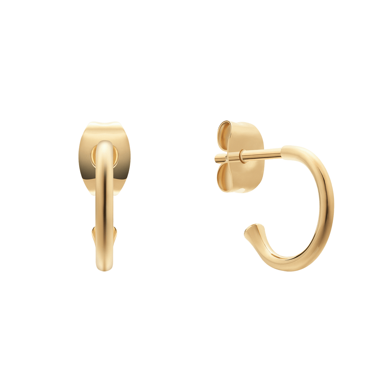 Pair of small gold open hoop earrings with a polished finish and butterfly fastening, crafted from stainless steel with IPG gold plating.