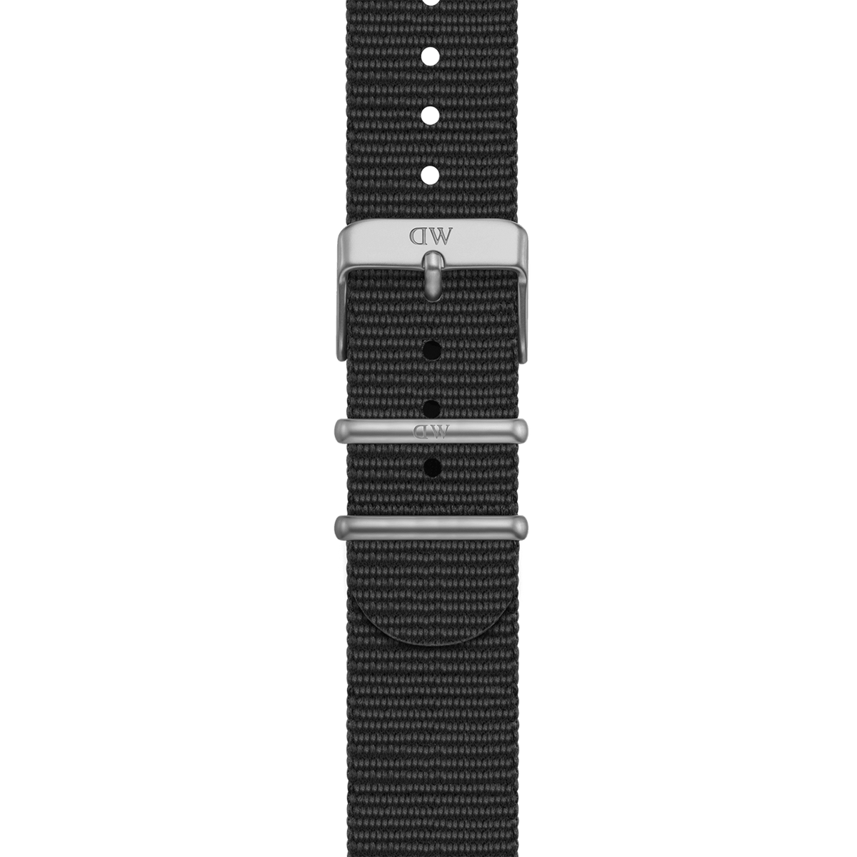 Close-up of the black recycled polyester NATO smartwatch strap with silver buckle and loops, featuring subtle Daniel Wellington branding.