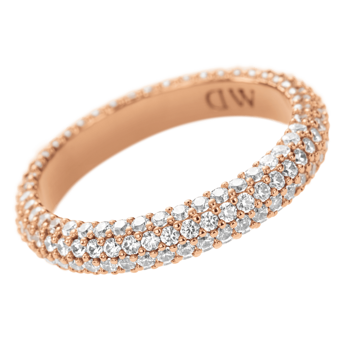 Pavé Crystal Ring Rose Gold featuring a full band of sparkling cubic zirconia set in rose gold plated brass with a polished inner engraving.