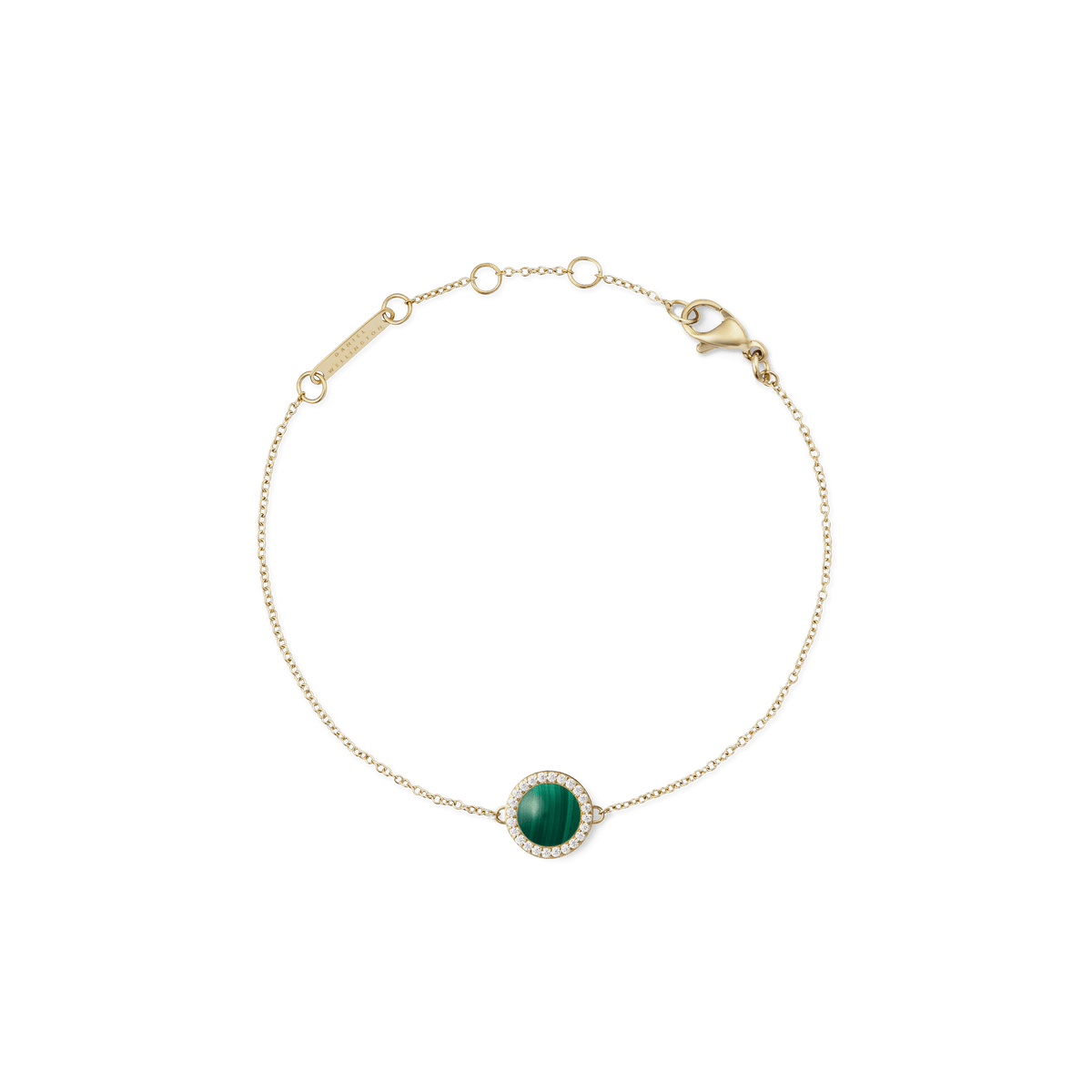 Gold chain bracelet with a round green malachite centre, framed by white cubic zirconia, adjustable fit.