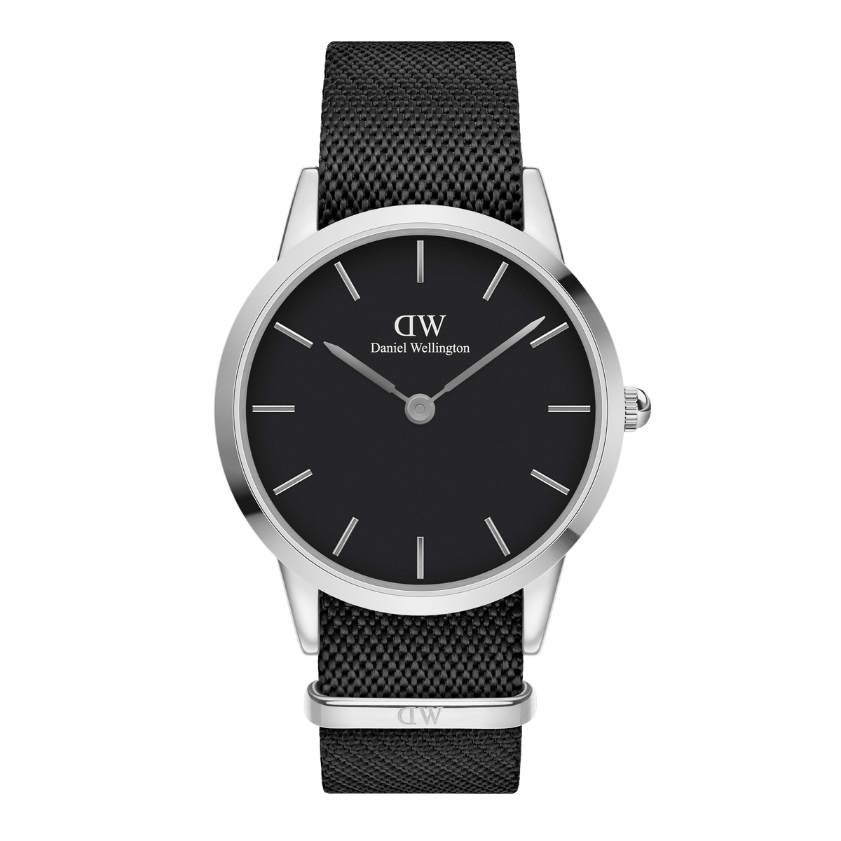 Daniel Wellington watch featuring a black dial, minimalist silver hour markers, and a textured black NATO strap with a polished stainless steel case.