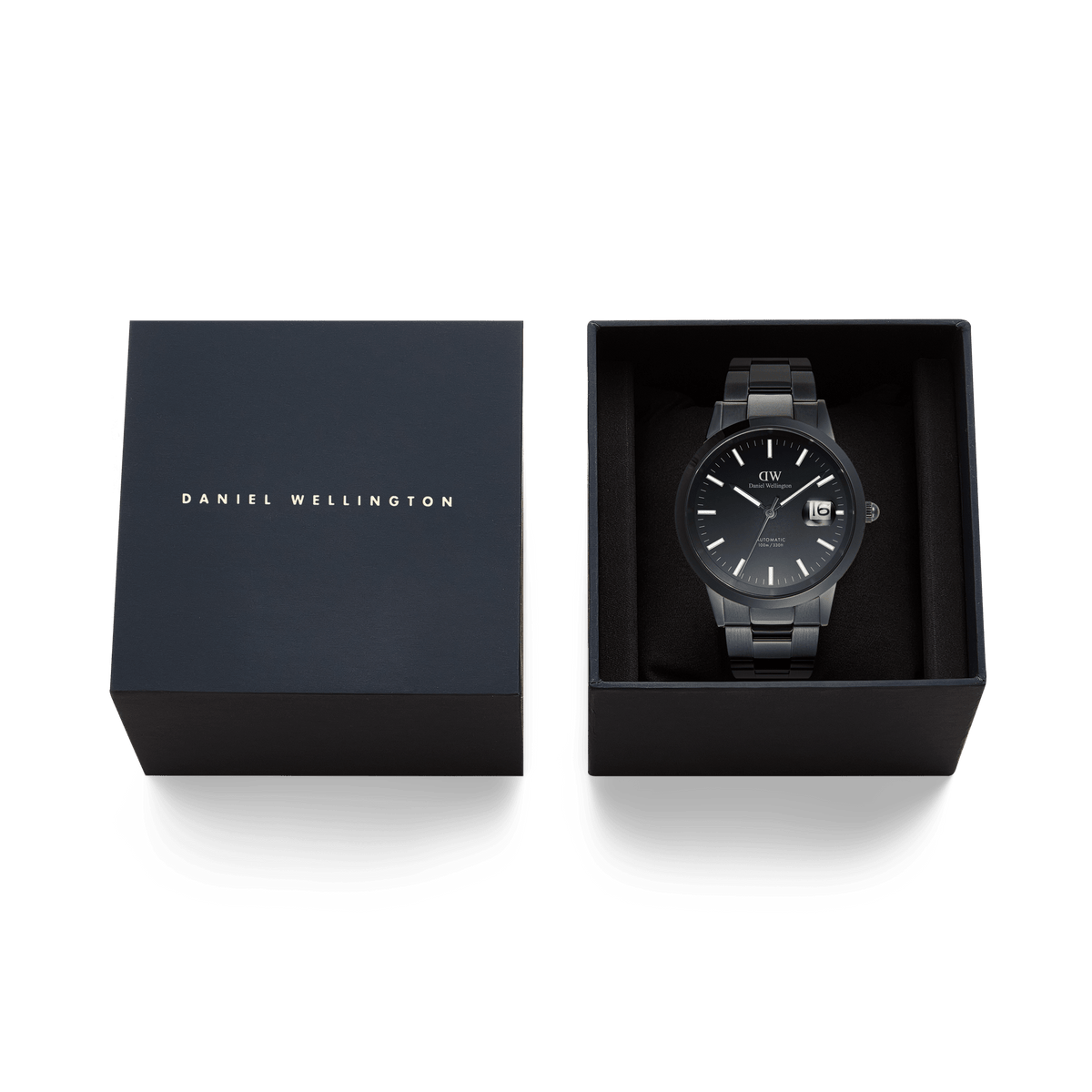 Daniel Wellington Iconic Link Automatic Black watch presented in a branded gift box, featuring a black enamel dial and stainless steel bracelet.