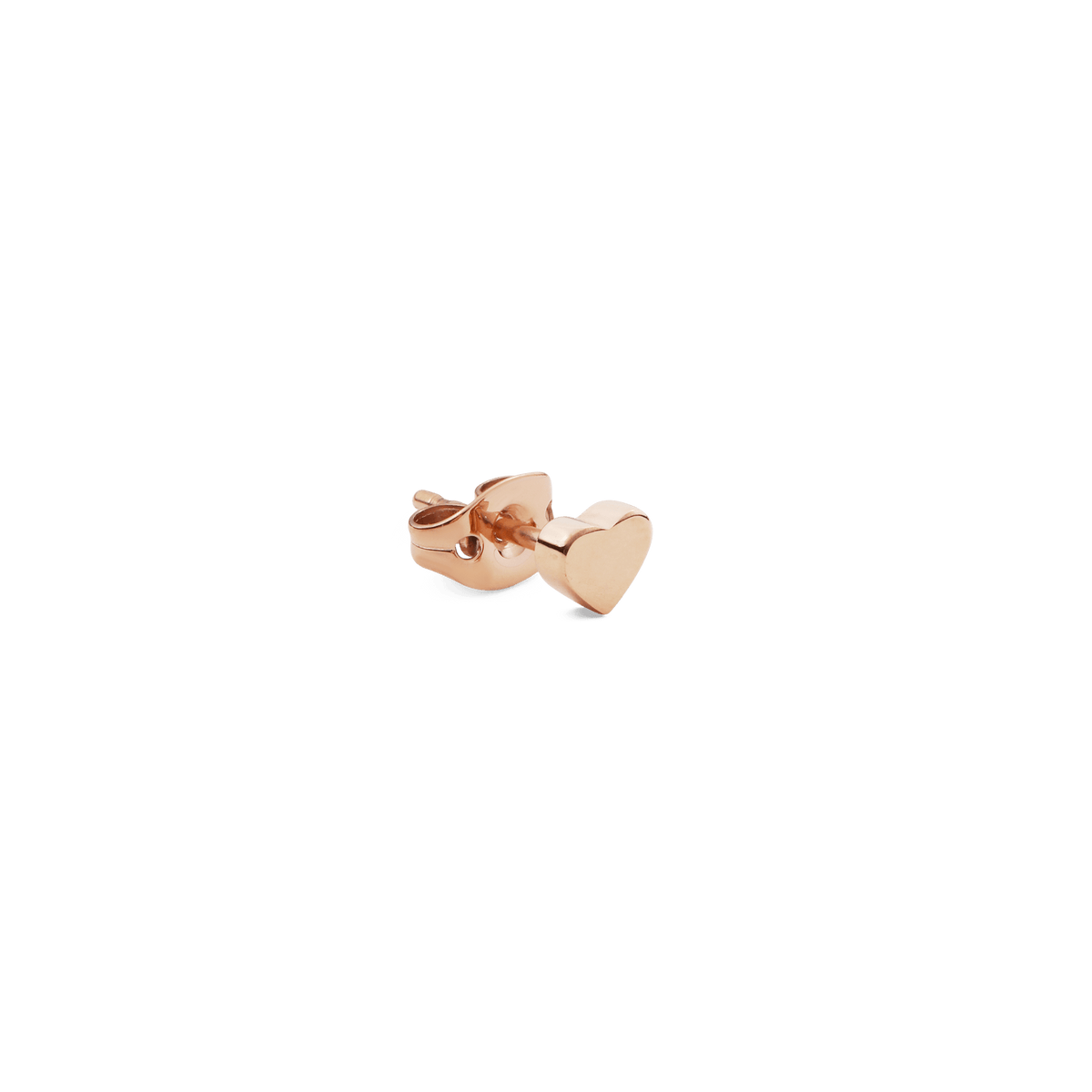 Heart Stud Rose Gold earring shown from the side, highlighting its polished rose gold finish and secure butterfly backing.