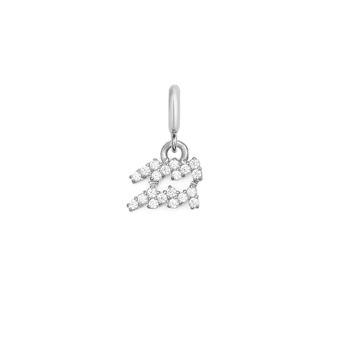 Aquarius zodiac watch charm in polished silver stainless steel, featuring the Aquarius symbol highlighted with sparkling cubic zirconia crystals in a refined claw setting.