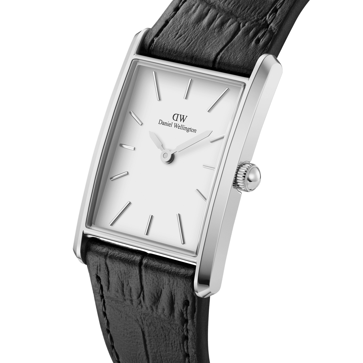 Bound Black Crocodile Silver watch with rectangular silver case, white minimalist dial and black crocodile-textured leather strap.