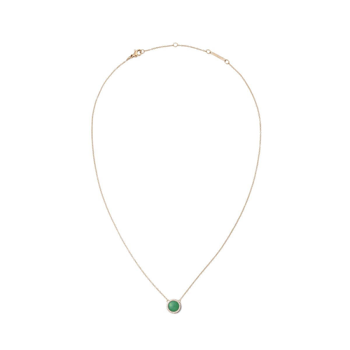 Rose gold necklace with a domed jade pendant, encircled by white cubic zirconia, on a fine adjustable chain.