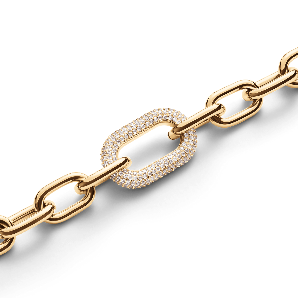 Close-up of the Crystal Link Necklace Gold, highlighting the chunky gold chain and the central link encrusted with sparkling lead-free cubic zirconia in a claw setting.