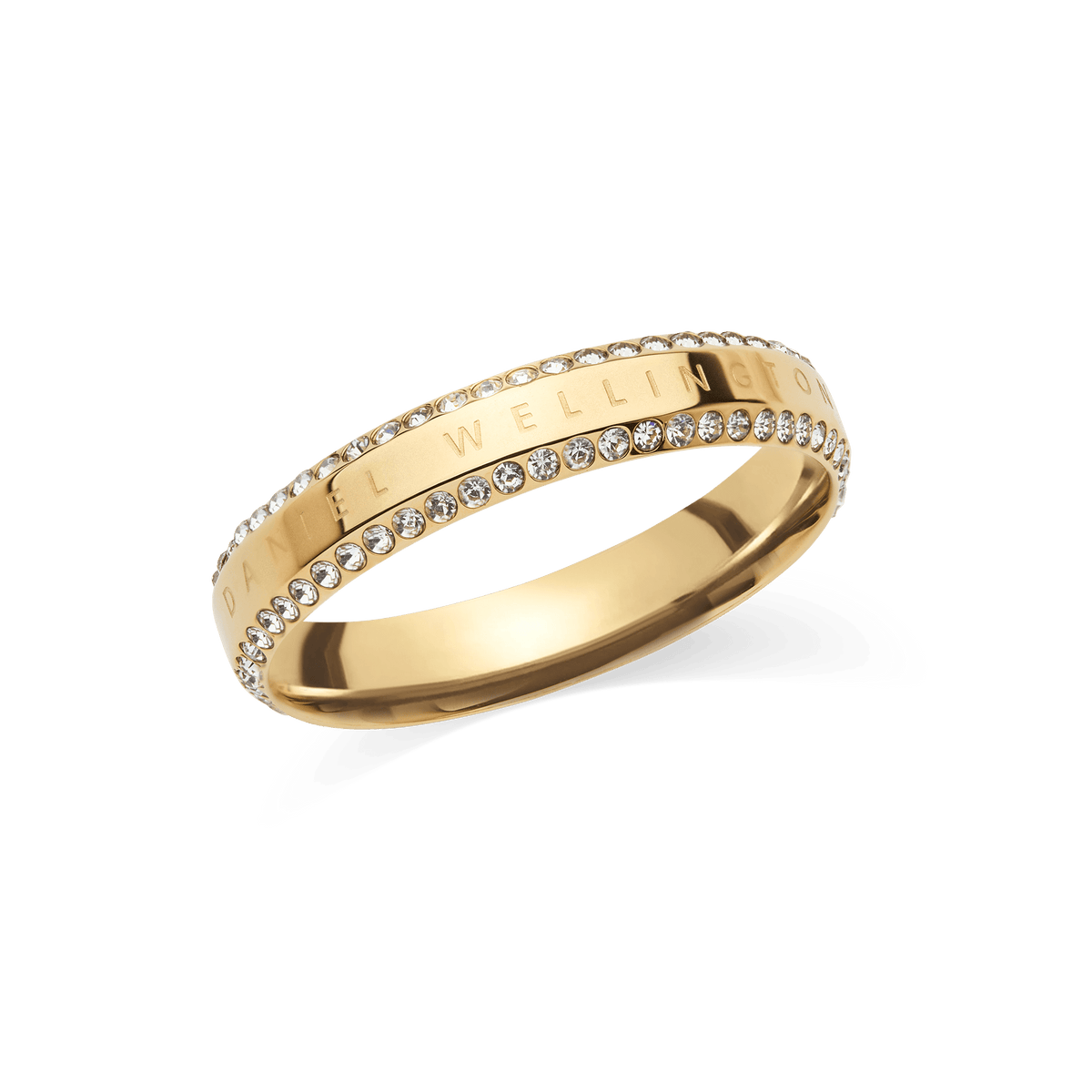 Gold Daniel Wellington ring crafted from stainless steel with a polished finish, featuring two rows of white cubic zirconia crystals along the edges and subtle engraved branding. The elegant design combines classic style with contemporary sparkle, ideal for both everyday wear and special occasions.
