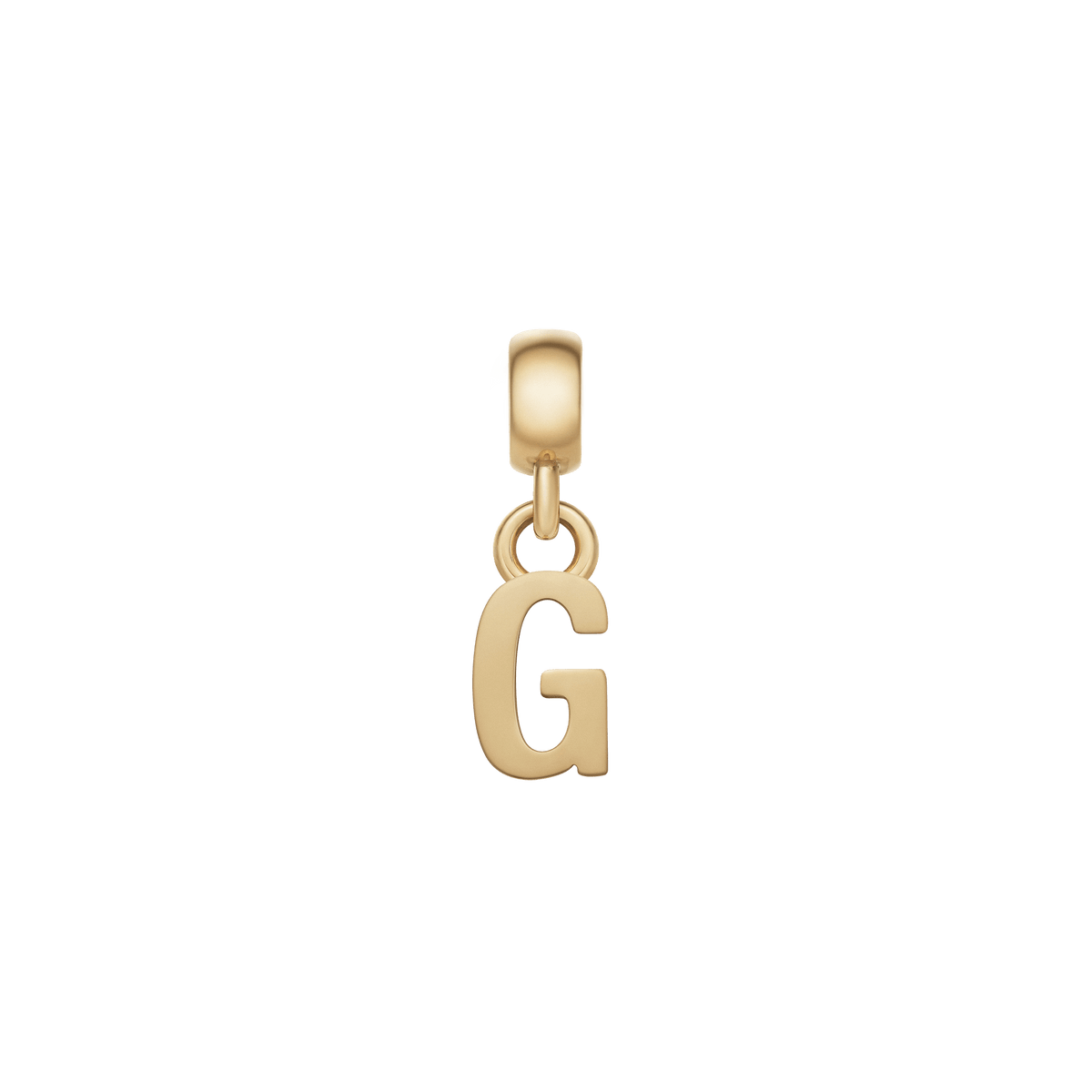 Gold letter G charm with a smooth, polished finish and petite profile, featuring an adjustable clasp for effortless personalisation of necklaces or bracelets.