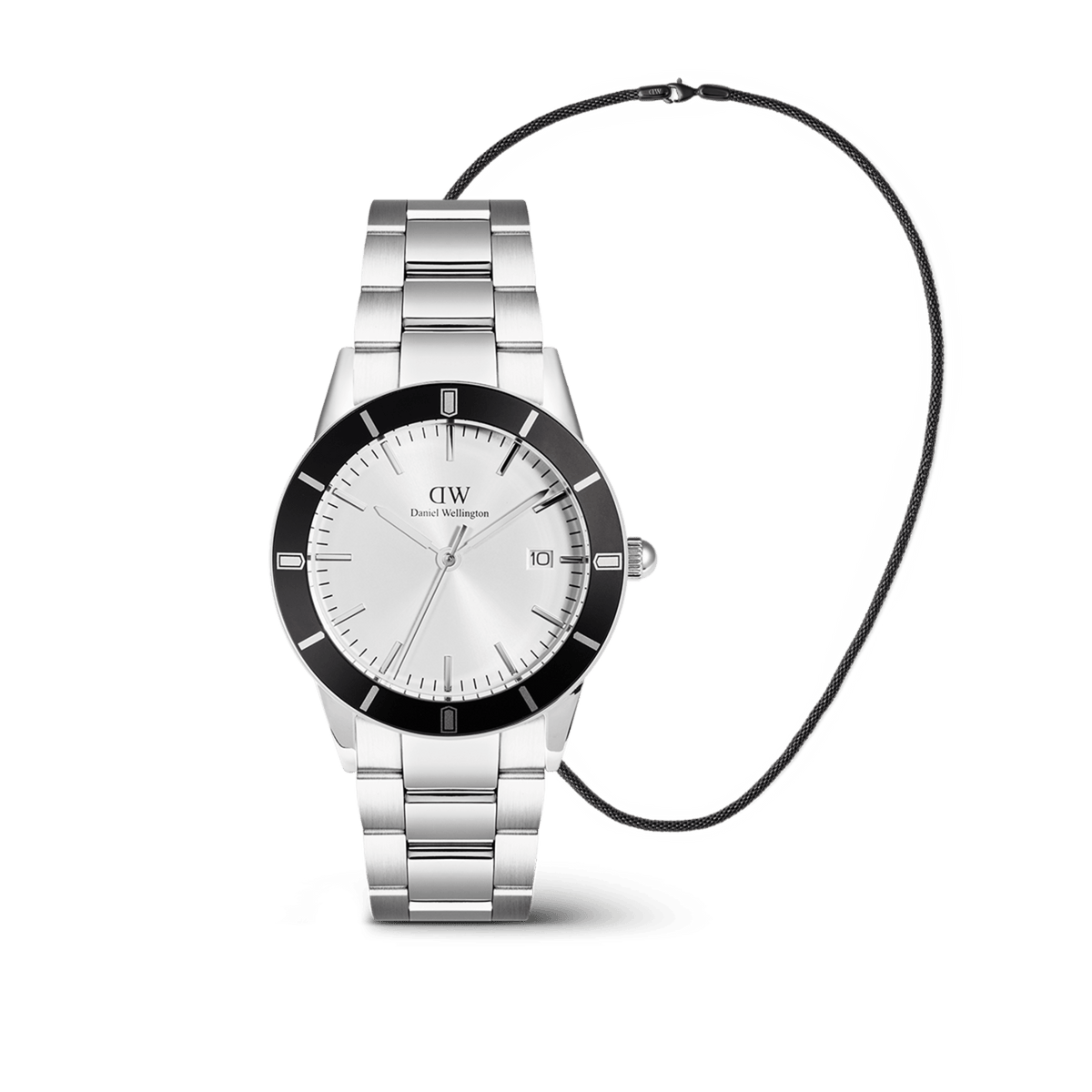 Daniel Wellington Iconic Paradigma & Tide Mesh Necklace Black Set featuring a silver stainless steel watch with a black bezel and minimalist dial, paired with a slim black mesh necklace for a modern, coordinated look.