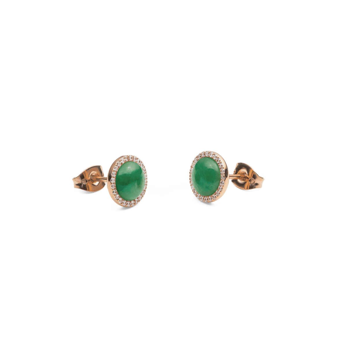 Audrey Earrings in rose gold with domed green jade centre and sparkling cubic zirconia halo, elegant stud design.