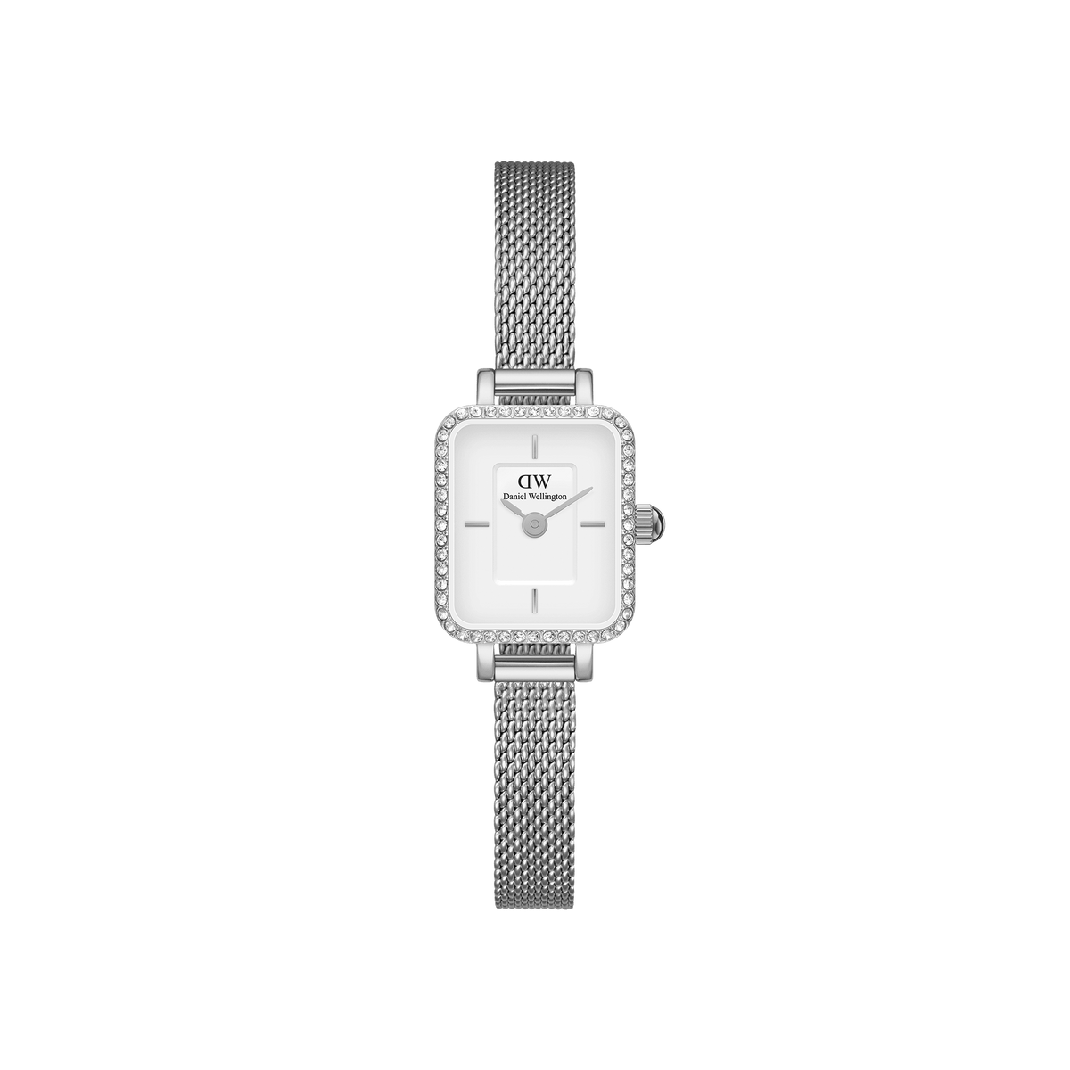 Petite silver women’s watch with rectangular crystal-set bezel, white dial, and fine mesh stainless steel strap.