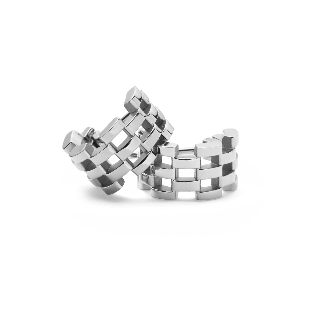 Pair of polished silver 5-link earrings crafted from stainless steel, featuring a modern interlocking design with subtle gaps between each link.
