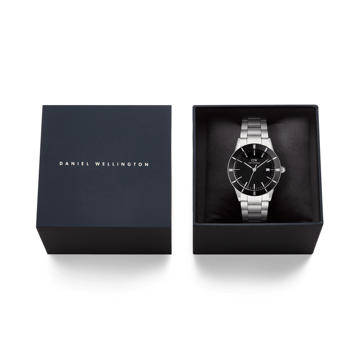 Daniel Wellington Iconic Paradigma Link Black Enamel watch presented in an elegant branded gift box, featuring a black dial, silver stainless steel bracelet, and bold index bezel.