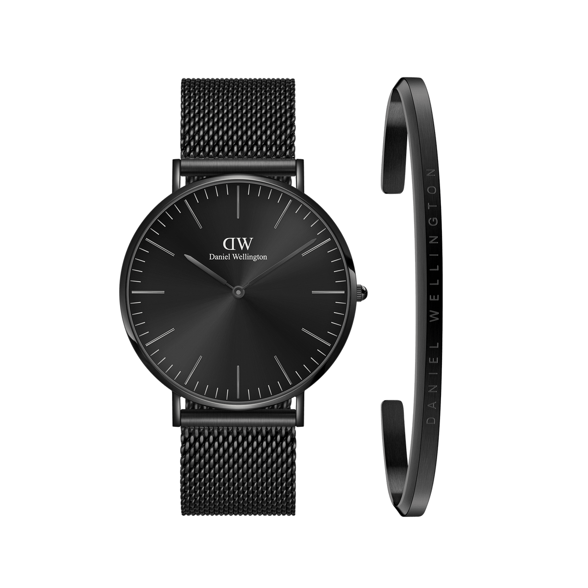 Sleek black Daniel Wellington mesh watch with a minimalist onyx dial, paired with a matching slim black steel bracelet engraved with the brand name, both featuring a modern and timeless design.