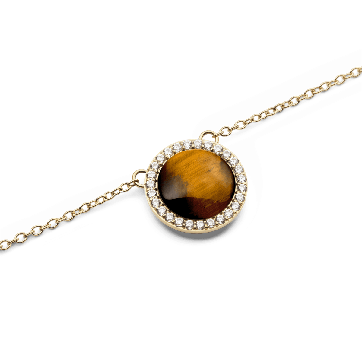 Close-up of Audrey Necklace Tiger Eye Gold featuring a domed Tiger Eye stone framed by sparkling cubic zirconia on a gold chain.