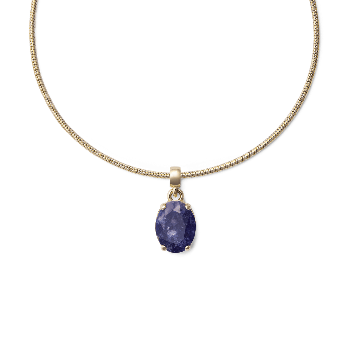 Gold snake chain necklace featuring the Blue Spot Oval Gold Charm with a deep blue, oval-shaped semi-precious stone set in a polished gold-plated frame.