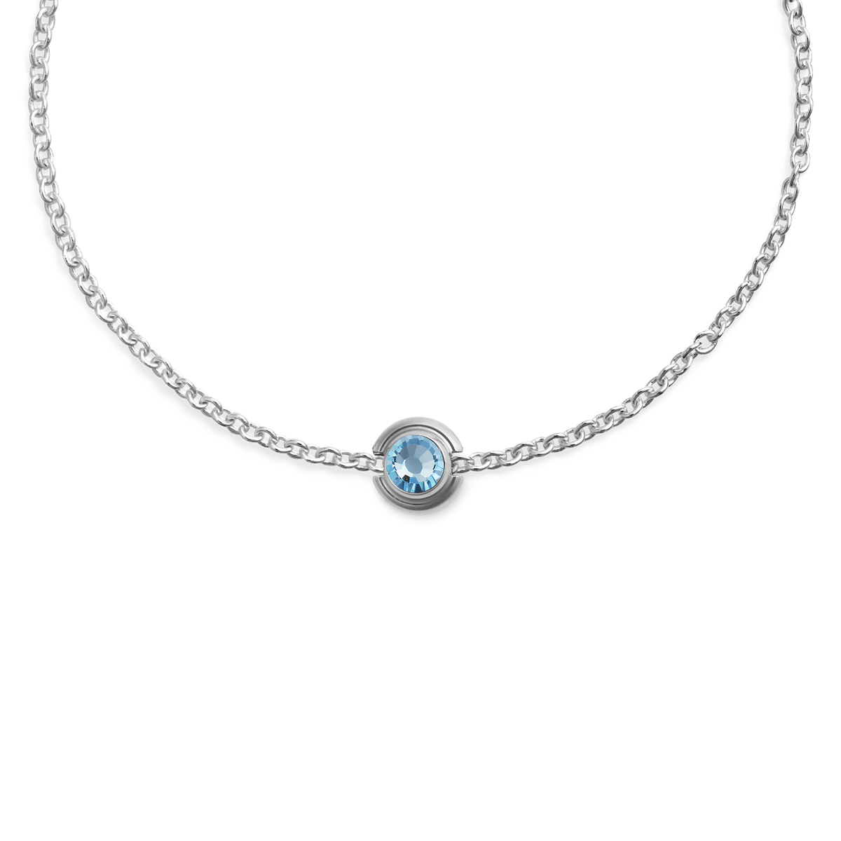 March Charm S925 Sterling Silver necklace featuring a delicate light blue aquamarine-inspired crystal set on a fine sterling silver chain.