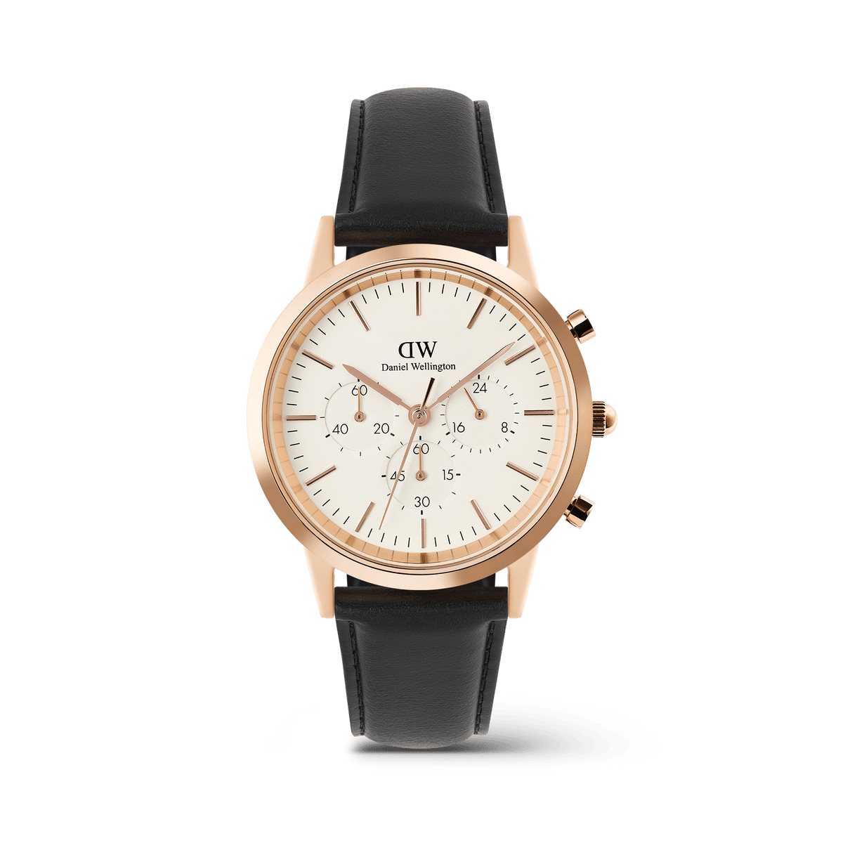 Daniel Wellington Iconic Chronograph Sheffield RG men’s watch with a white minimalist dial, rose gold case, three sub-dials, and a black leather strap.