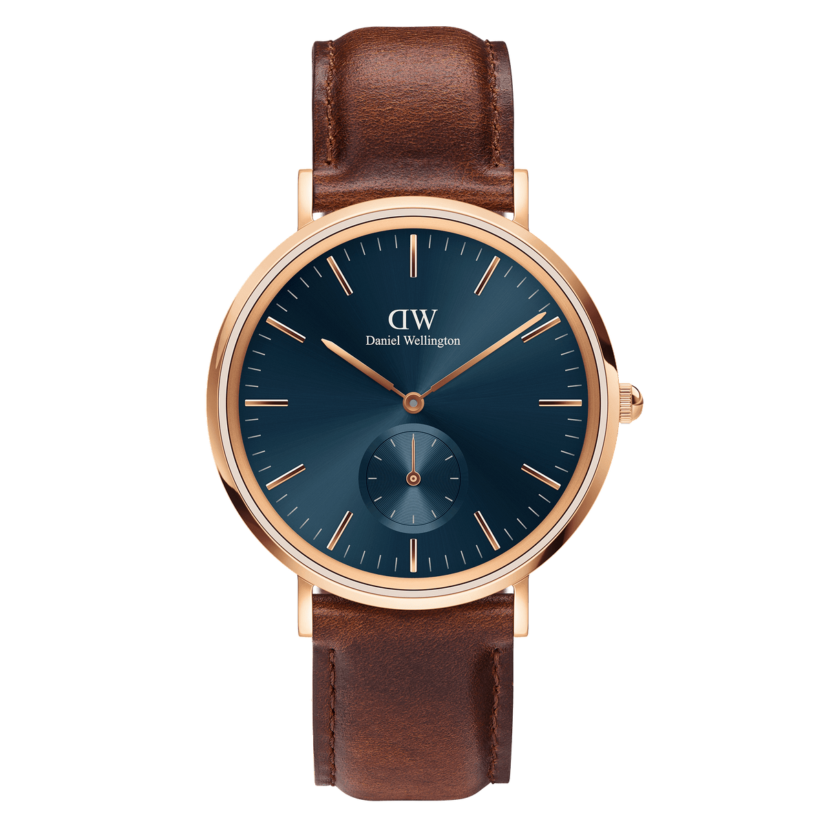 Classic Multi-Eye St Mawes Arctic Rose Gold men’s watch featuring a deep blue multi-eye dial, rose gold case, minimalist markers, and a brown leather strap.