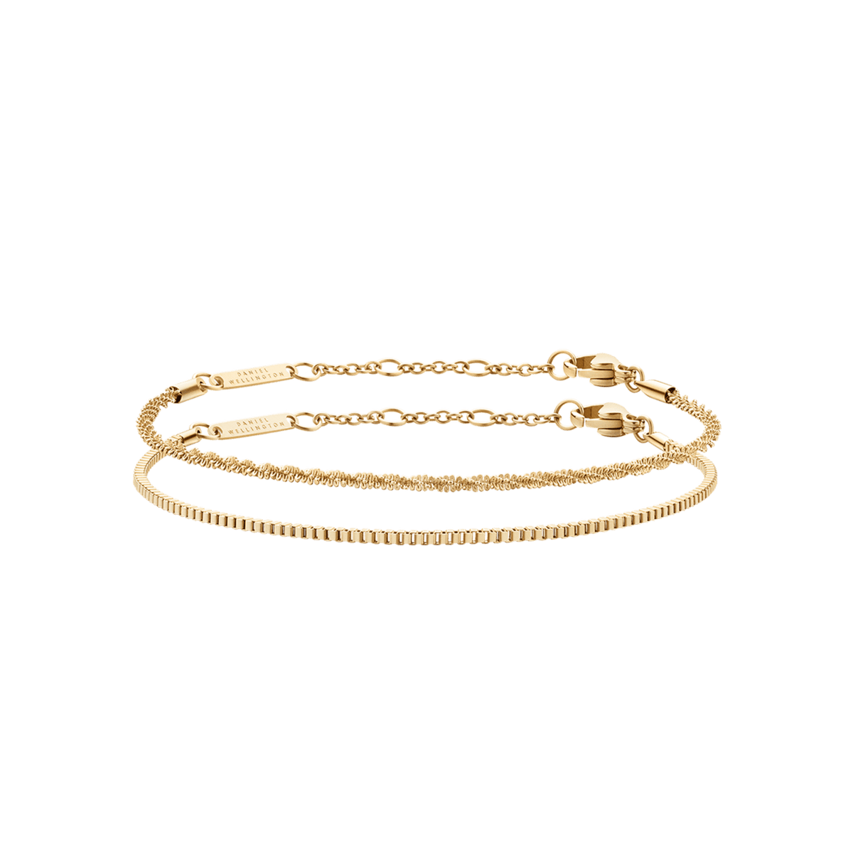 Two elegant gold-tone adjustable bracelets with distinct, minimalist designs are displayed side by side, highlighting their refined detailing and versatile style.
