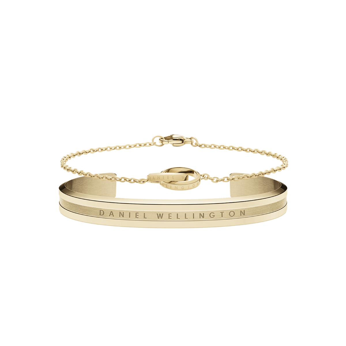 Gold Daniel Wellington bracelet set featuring a sleek engraved cuff and a delicate chain bracelet, both finished in polished gold with subtle branding for an elegant, timeless look.