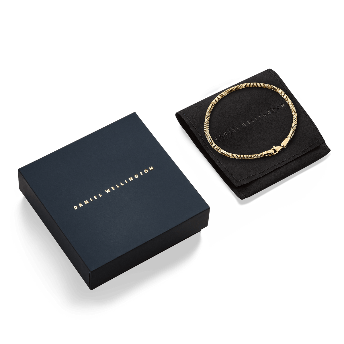 Tide Mesh Bracelet Evergold 2.8 displayed on a black pouch next to an elegant Daniel Wellington gift box, highlighting its gold mesh design and premium packaging.