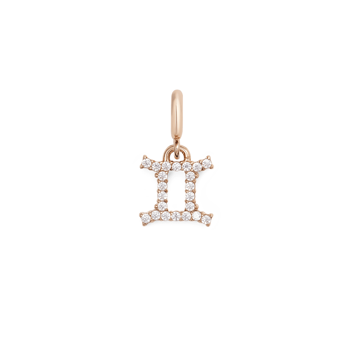 Rose gold Gemini zodiac watch charm crafted from stainless steel, featuring a Gemini symbol set with sparkling cubic zirconia crystals in a delicate, minimalist design.