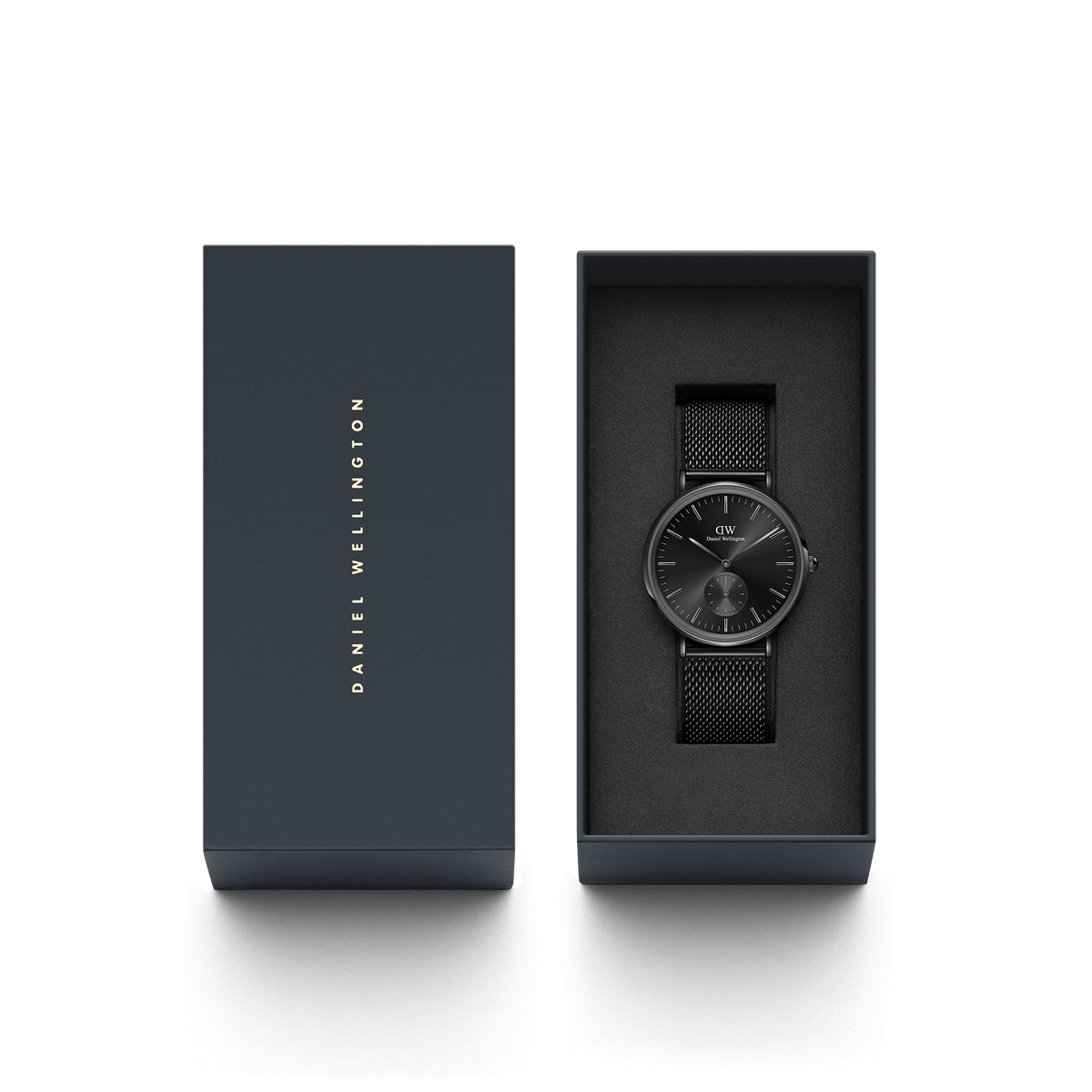 Classic Multi-Eye Ashfield Onyx watch with a black mesh strap presented in an elegant Daniel Wellington gift box.