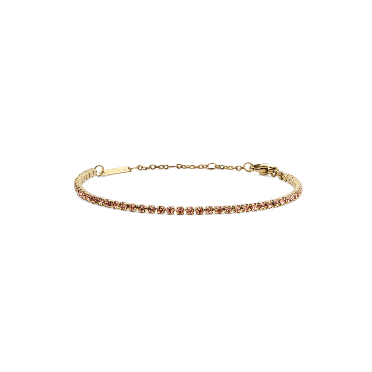 Delicate gold tennis bracelet featuring a single row of apricot-coloured Preciosa crystals, finished with an adjustable chain and secure lobster clasp.