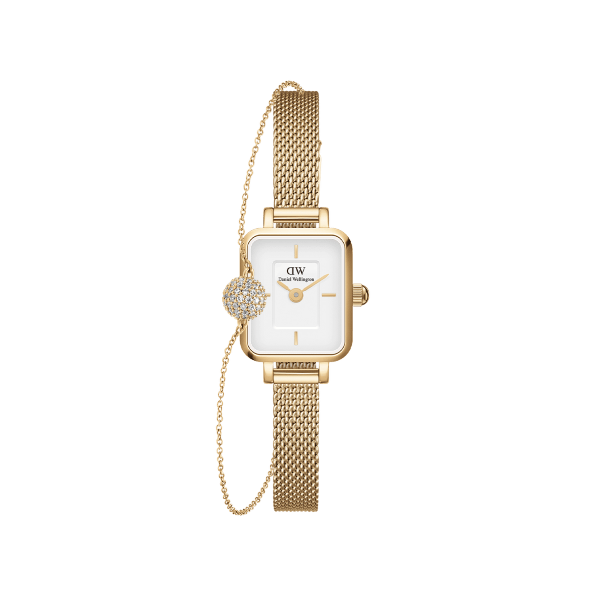 Quadro Mini & Pavé Crystal Gold Set featuring a petite rectangular gold watch with a white dial and fine mesh strap, paired with a delicate gold bracelet adorned with a pavé crystal charm.