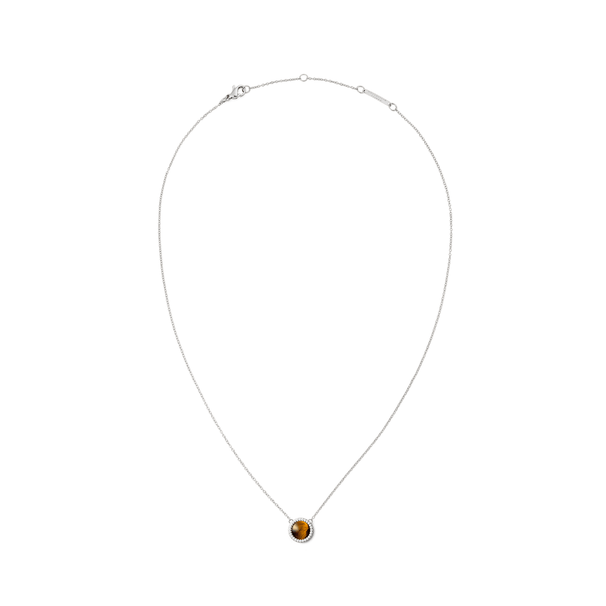 Delicate silver necklace with domed Tiger Eye stone and cubic zirconia accents on a fine adjustable chain.