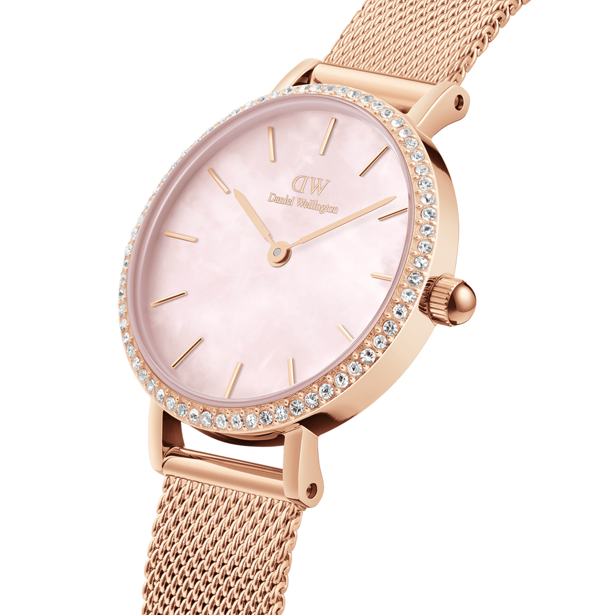 Petite Lumine Bezel Melrose Pink MOP watch with a pink mother of pearl dial, crystal-set bezel, and an elegant rose gold mesh strap, shown in a close-up angled view highlighting its refined detailing.