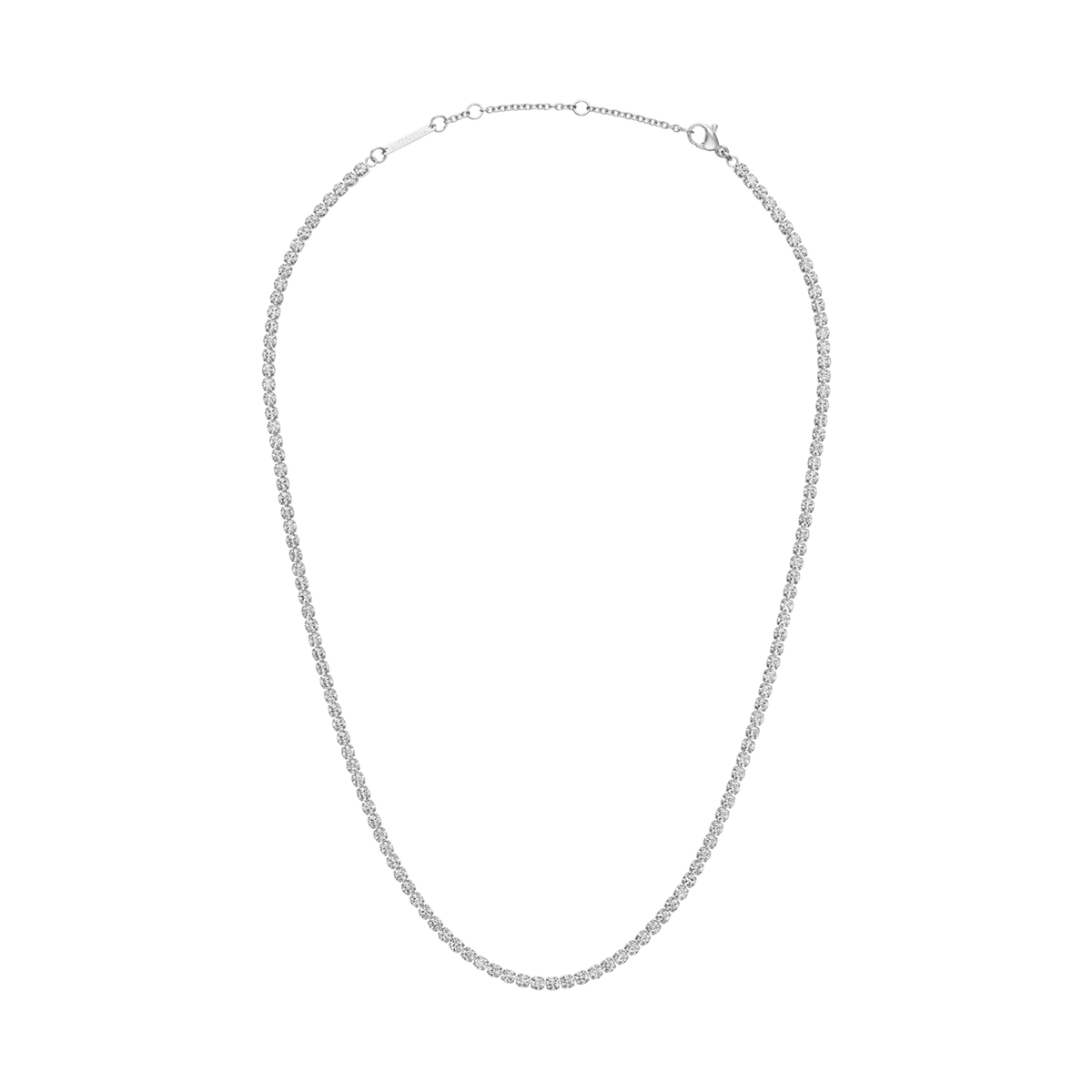 Silver tennis necklace with individually set crystals, adjustable length and secure clasp, elegant and timeless jewellery piece.