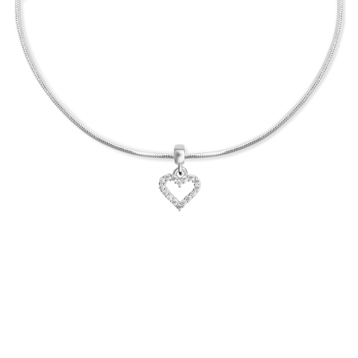Sterling silver necklace featuring a heart contour white crystal charm with sparkling cubic zirconia in an open heart design.