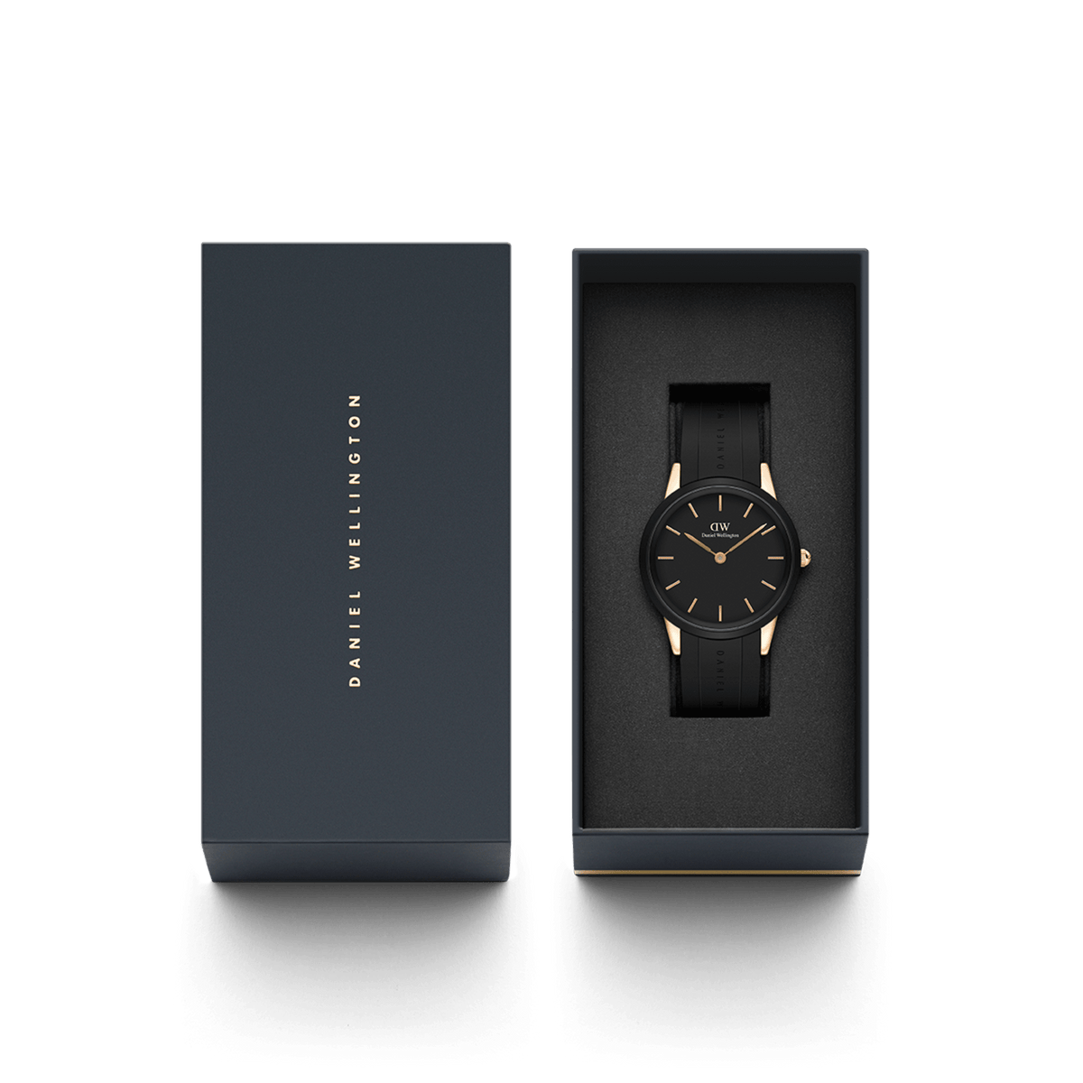 Daniel Wellington Iconic Motion Rose Gold women’s watch with black dial in luxury gift box, perfect for special occasions.