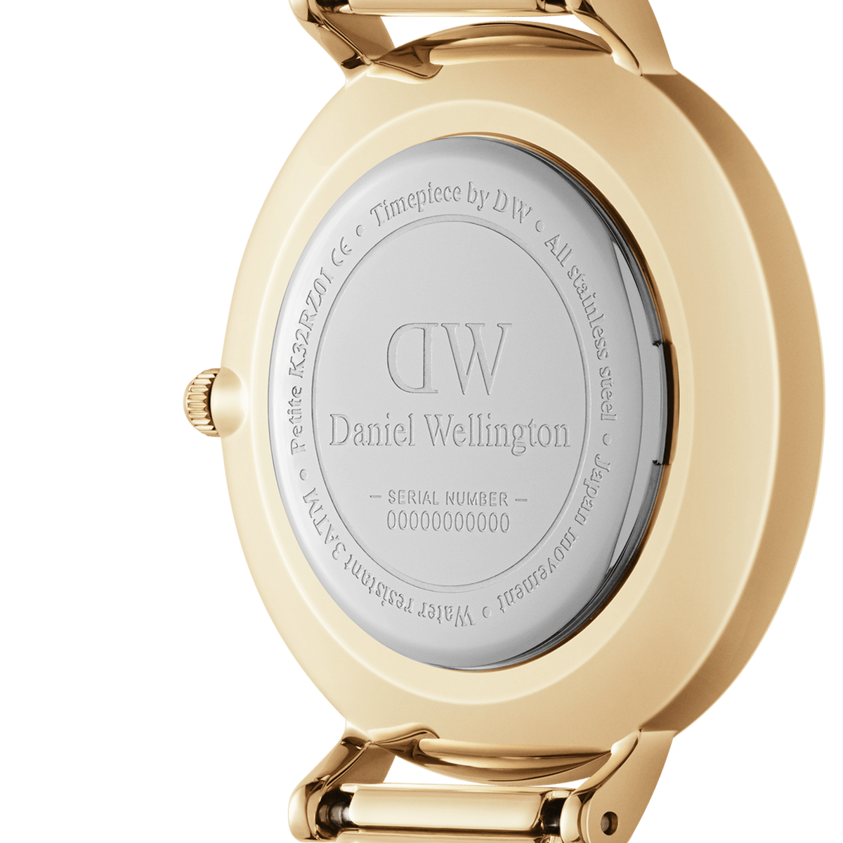Engraved case back of Daniel Wellington Petite St Mawes Gold watch, gold-tone stainless steel, water-resistant to 3 ATM.