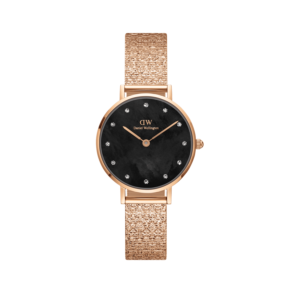 Petite Lumine Pressed Piano Black MoP Rose Gold watch featuring a black mother-of-pearl dial with crystal hour markers and a rose gold pressed mesh bracelet.