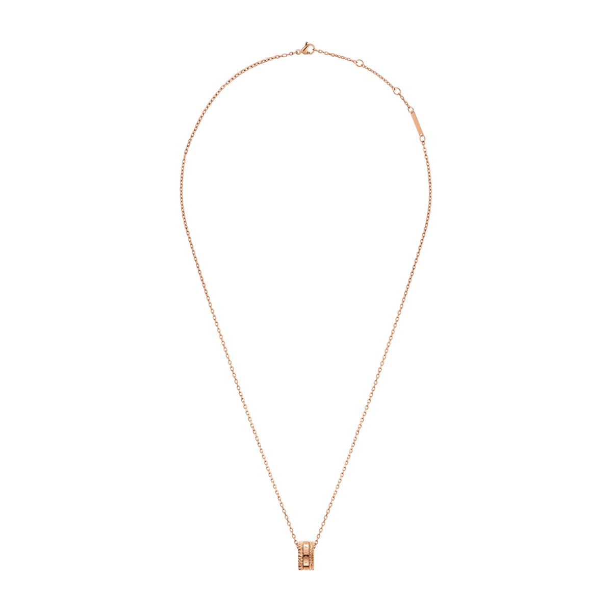 Rose gold Elevation Necklace with a geometric sculpted pendant on a fine adjustable chain, shown laid flat against a white background.