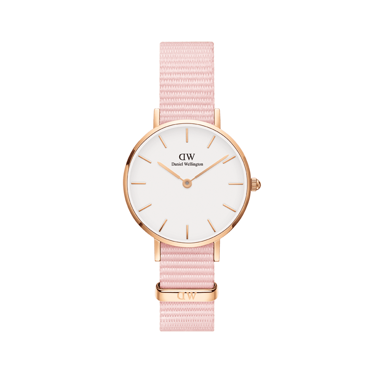 Petite Rosewater Rose Gold women’s watch with an eggshell white dial, slim rose gold markers, and a soft pink NATO strap.