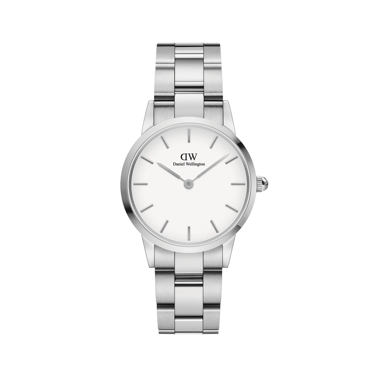 Daniel Wellington Iconic Link Silver watch with eggshell white dial and polished stainless steel link bracelet.