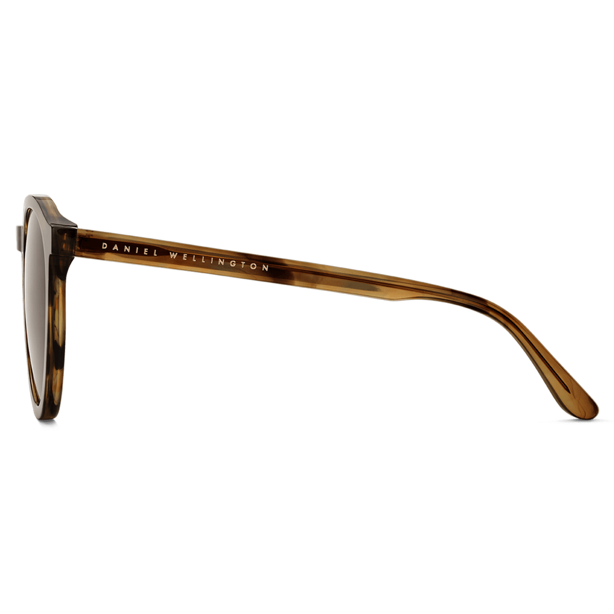Side view of the Bio-Acetate Arch Brown Demi sunglasses featuring a slim tortoiseshell-effect frame and Daniel Wellington branding along the arm.