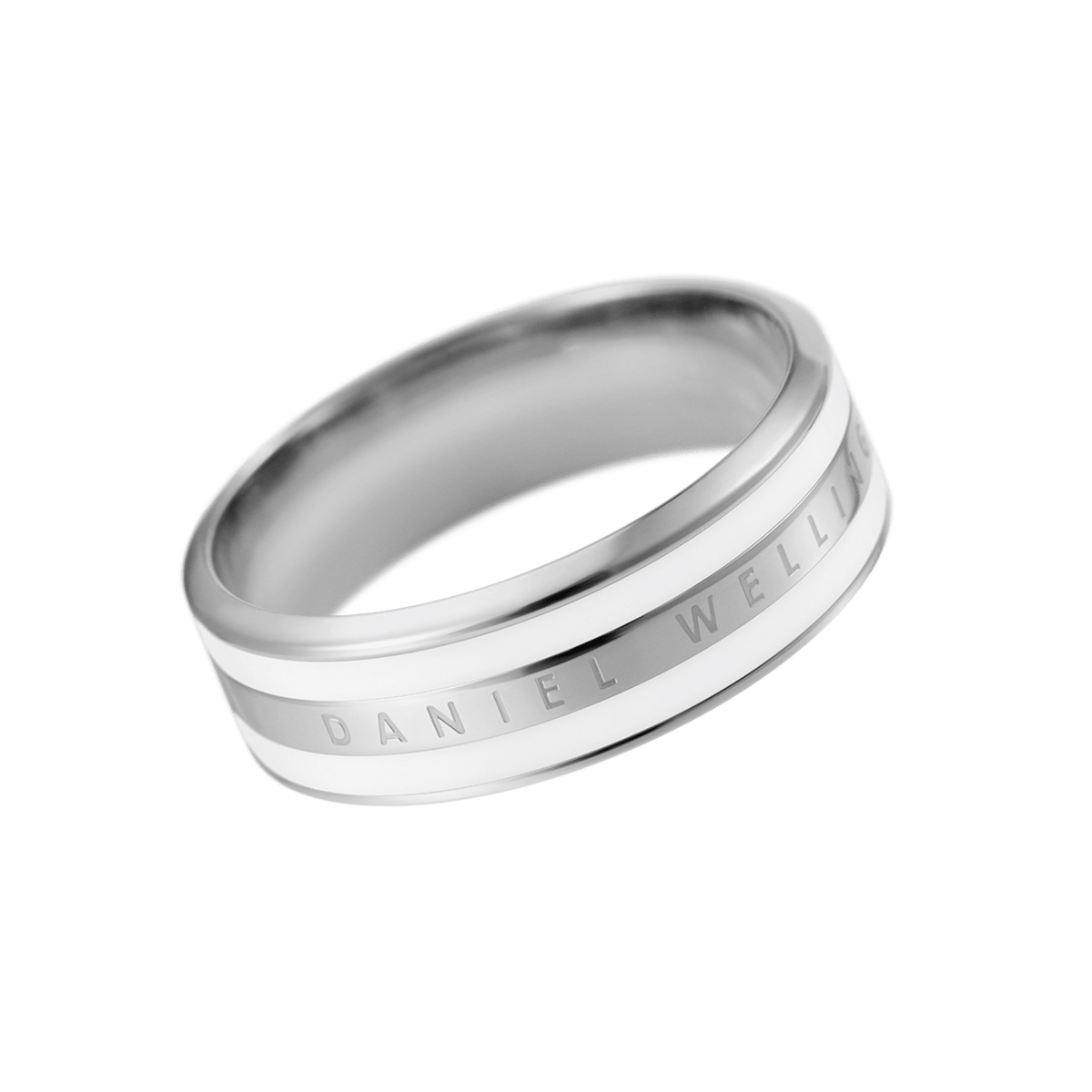 Polished silver ring with a satin white enamel inlay and the Daniel Wellington logo engraved around the band.