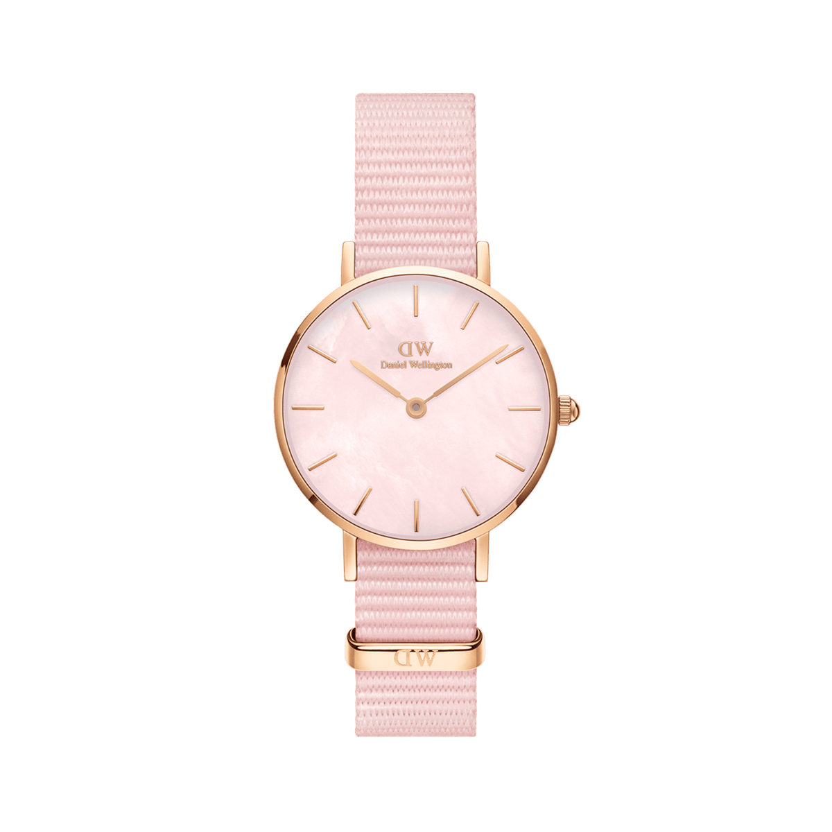 Petite Coral Rose Gold MOP watch with a pink mother of pearl dial, rose gold-plated case, and a pastel pink NATO strap.