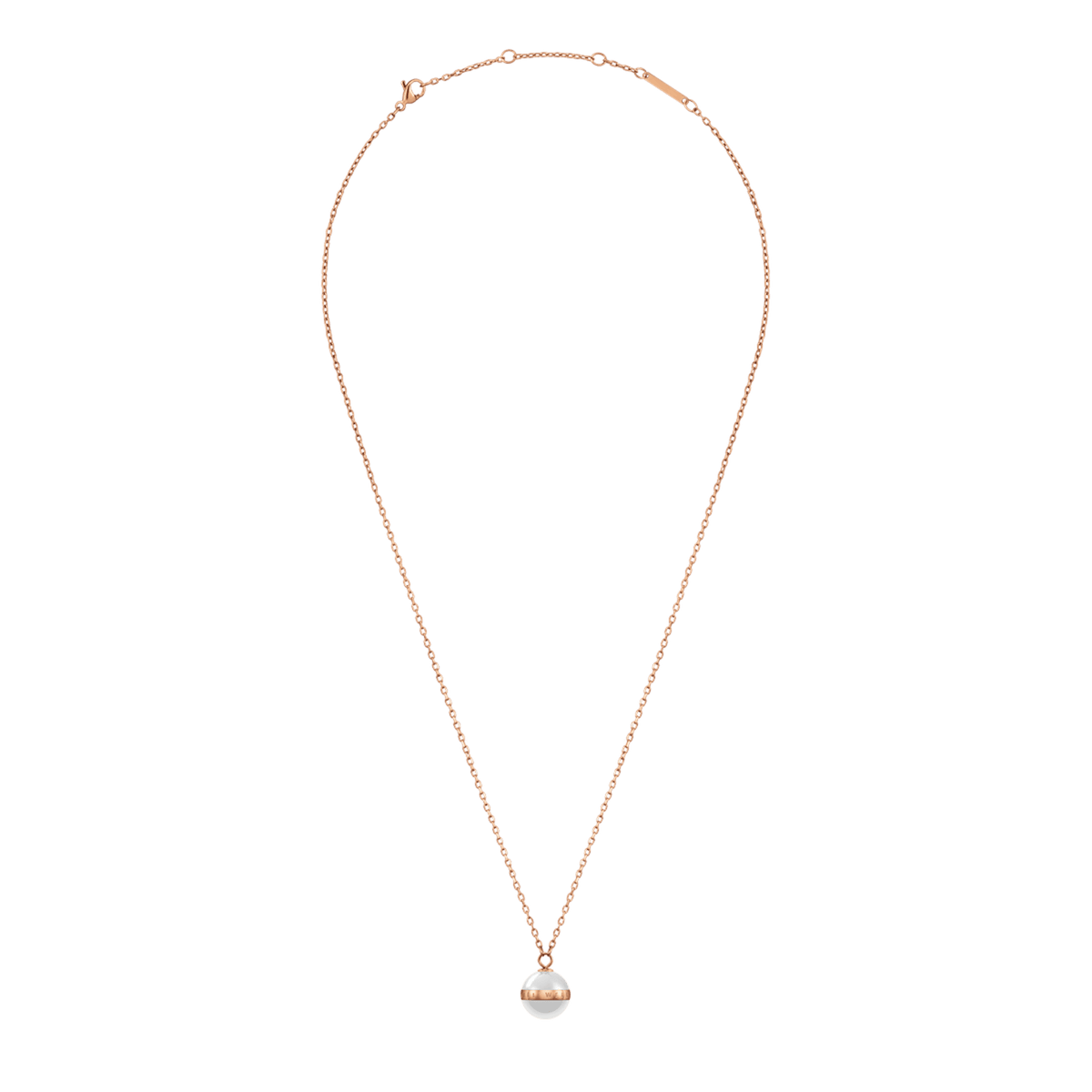 Aspiration Necklace Rose Gold Satin White featuring a delicate rose gold chain and a satin white ceramic sphere pendant with a rose gold-plated engraved band.