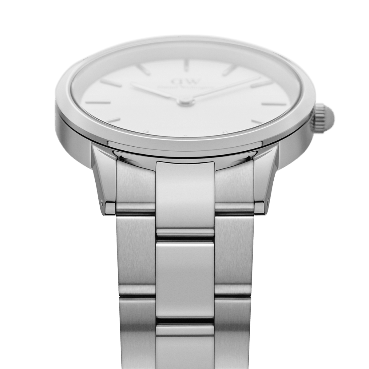 Close-up of Daniel Wellington Iconic Link Silver watch showing polished stainless steel bracelet and minimalist white dial.