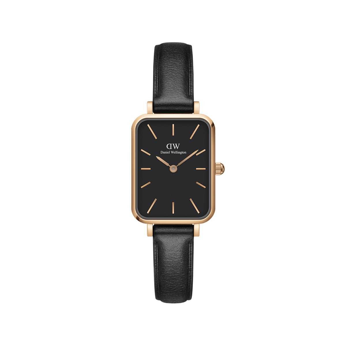 Rectangular women’s watch with a black dial, rose gold case and markers, and a slim black leather strap.